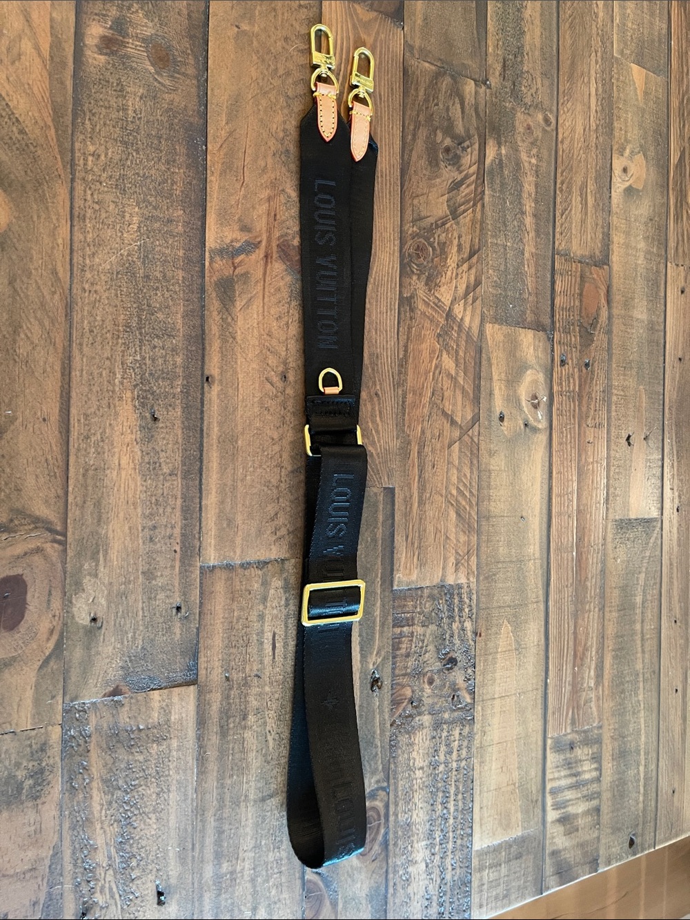 Black Canvas adjustable crossbody strap with Gold Hardware, Natural Leather Tabs